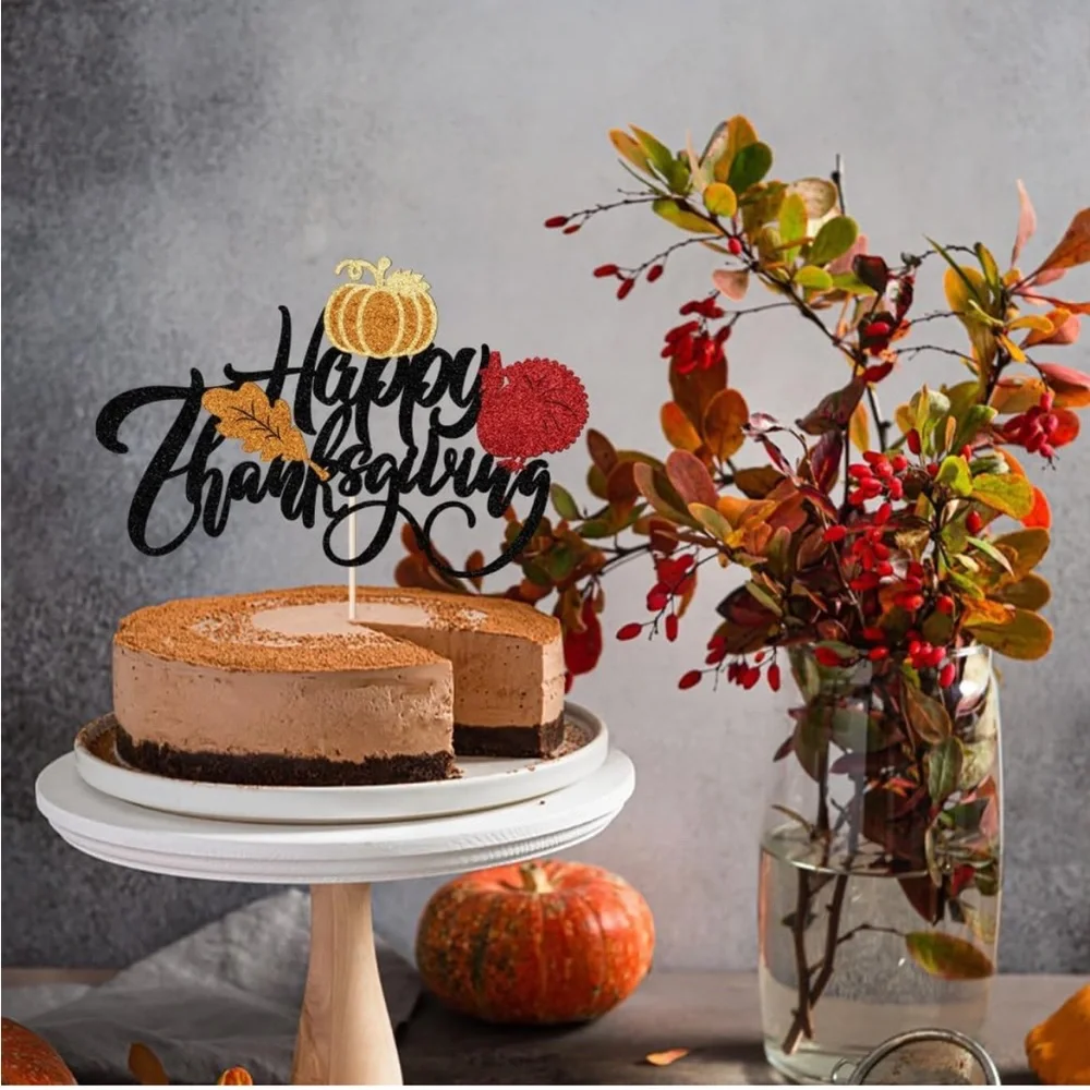 5for$10 Happy Thanksgiving Cake And Pie Topper Maple Leave Pumpkin Glitter Top